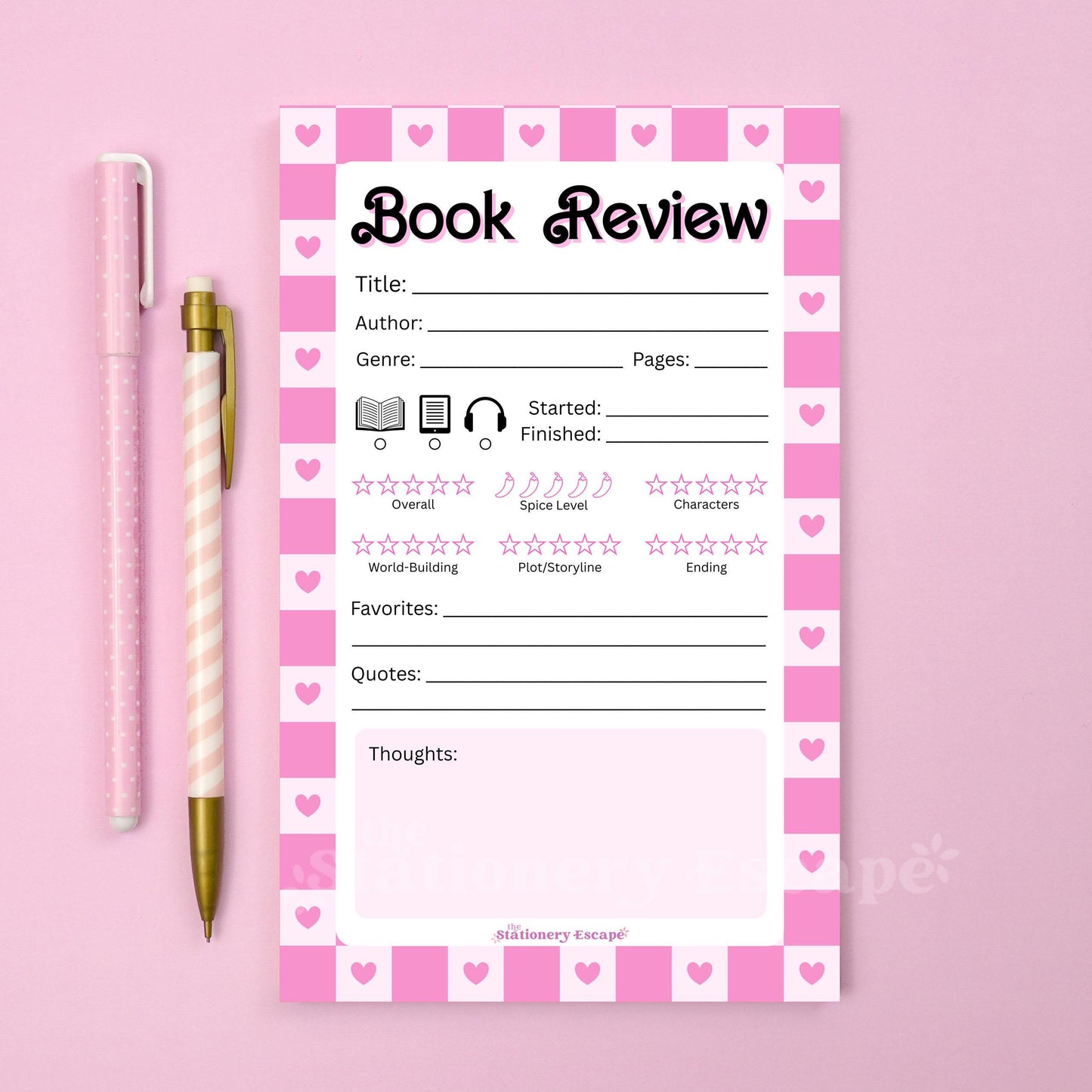Book review notepad with pink checkered border and heart patterns on a pink background
