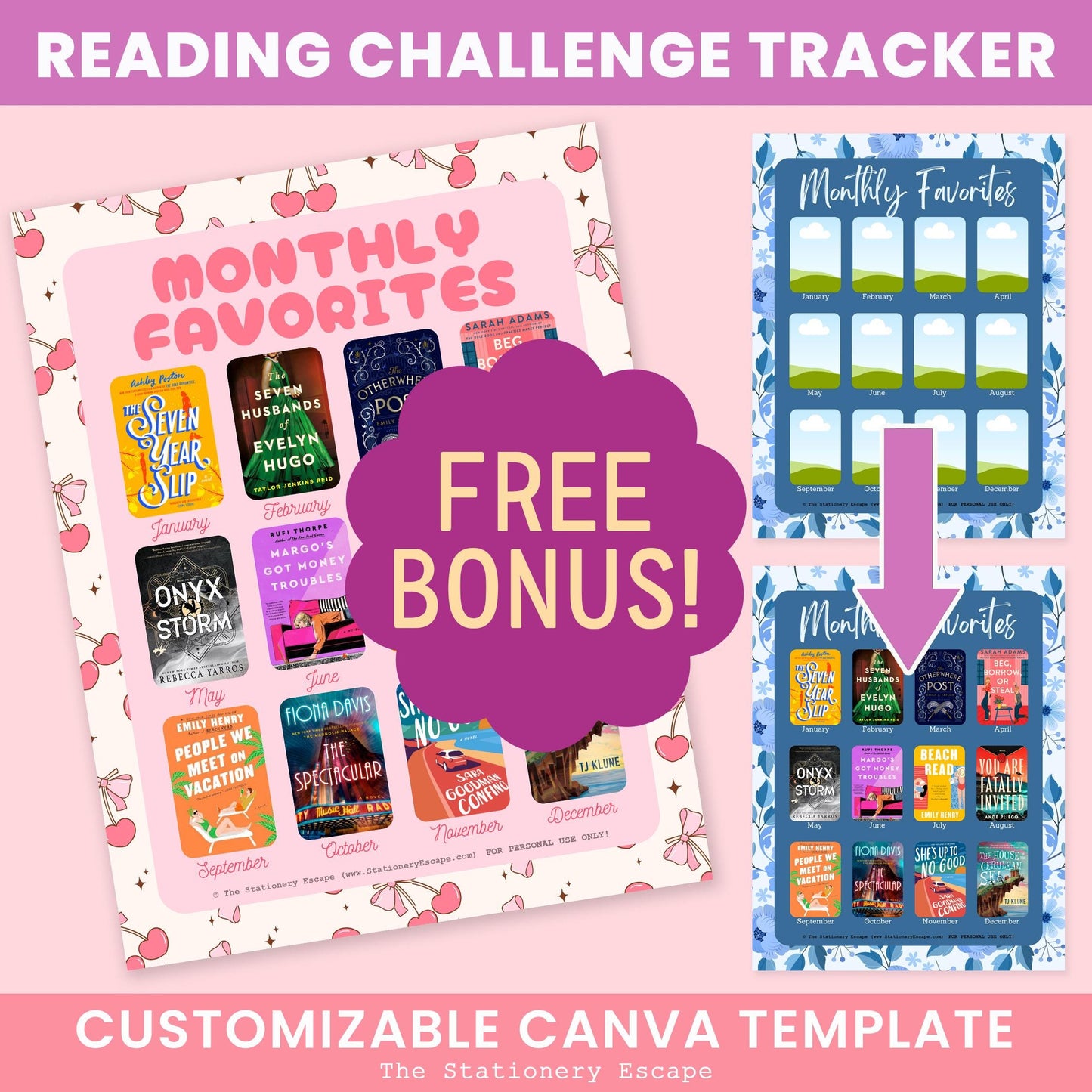 Reading challenge tracker with book covers and customizable Canva template on a pink background