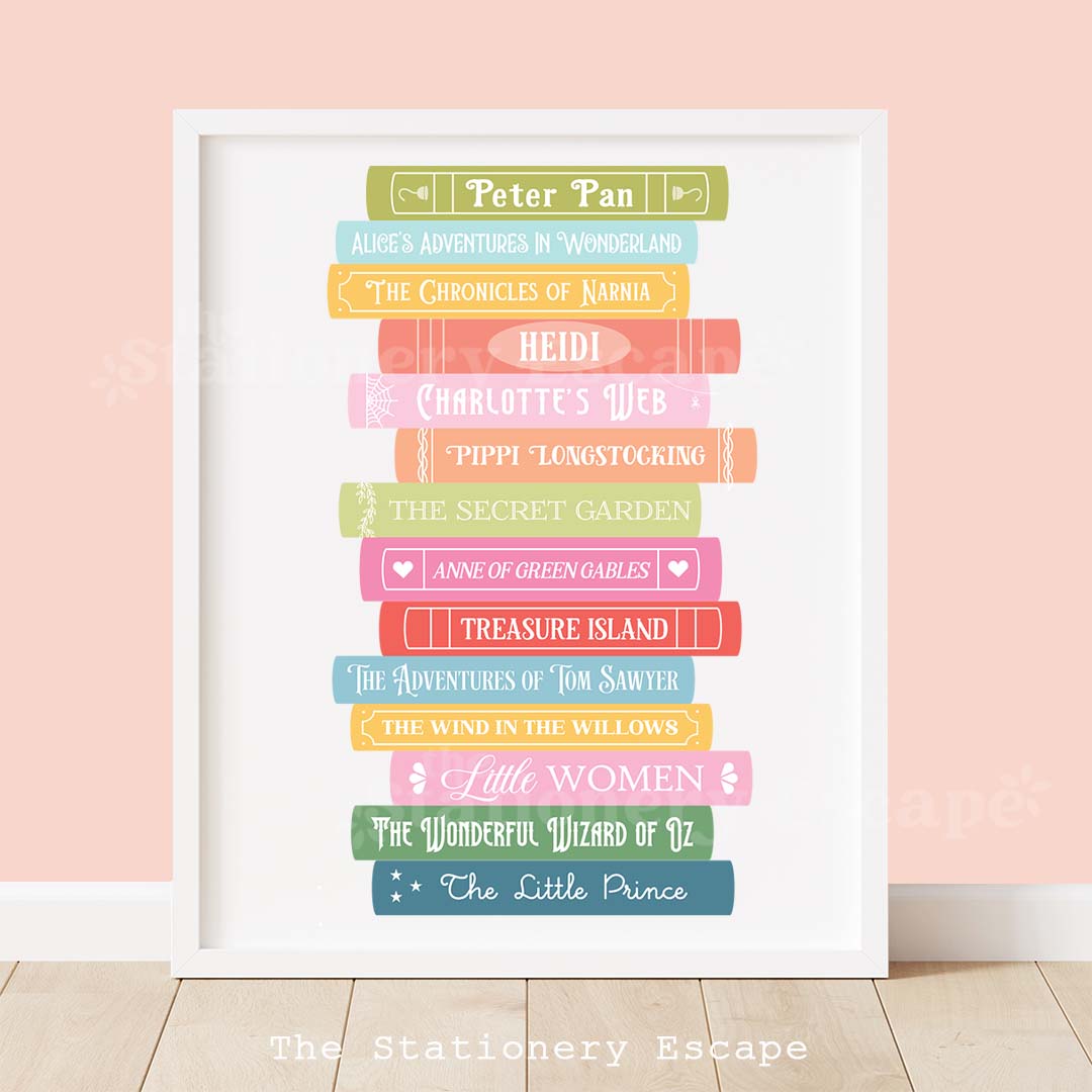 Framed colorful book stack art print featuring the spines and titles of classic children's books.