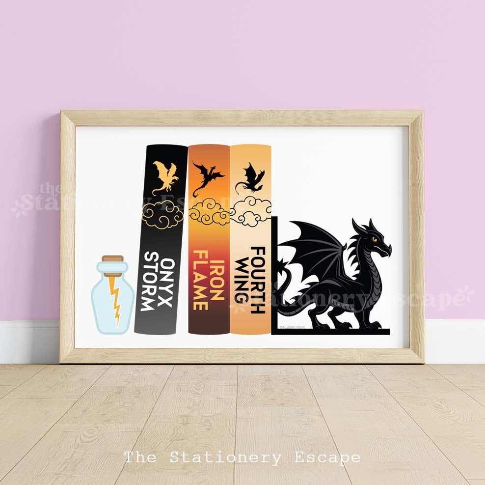 Framed book stack art print featuring the spines and titles of the Empyrean Series by Rebecca Yarros. The book stack is bookended by a black dragon and a bottle of lightning.