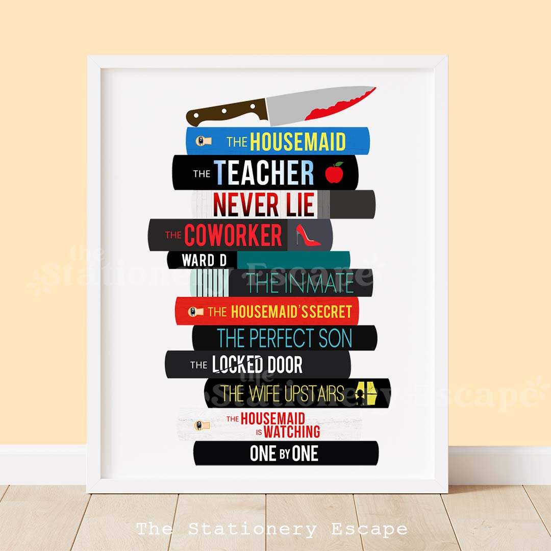 Framed book stack art print with titles featuring thriller titles by Freida McFadden. The book stack is topped with a bloodied butcher k nife.