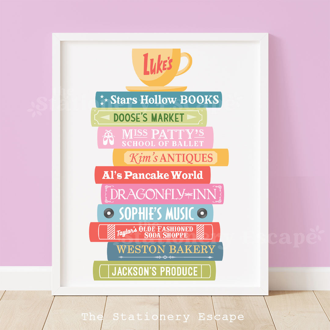 Small Town Shops Book Stack Art Print