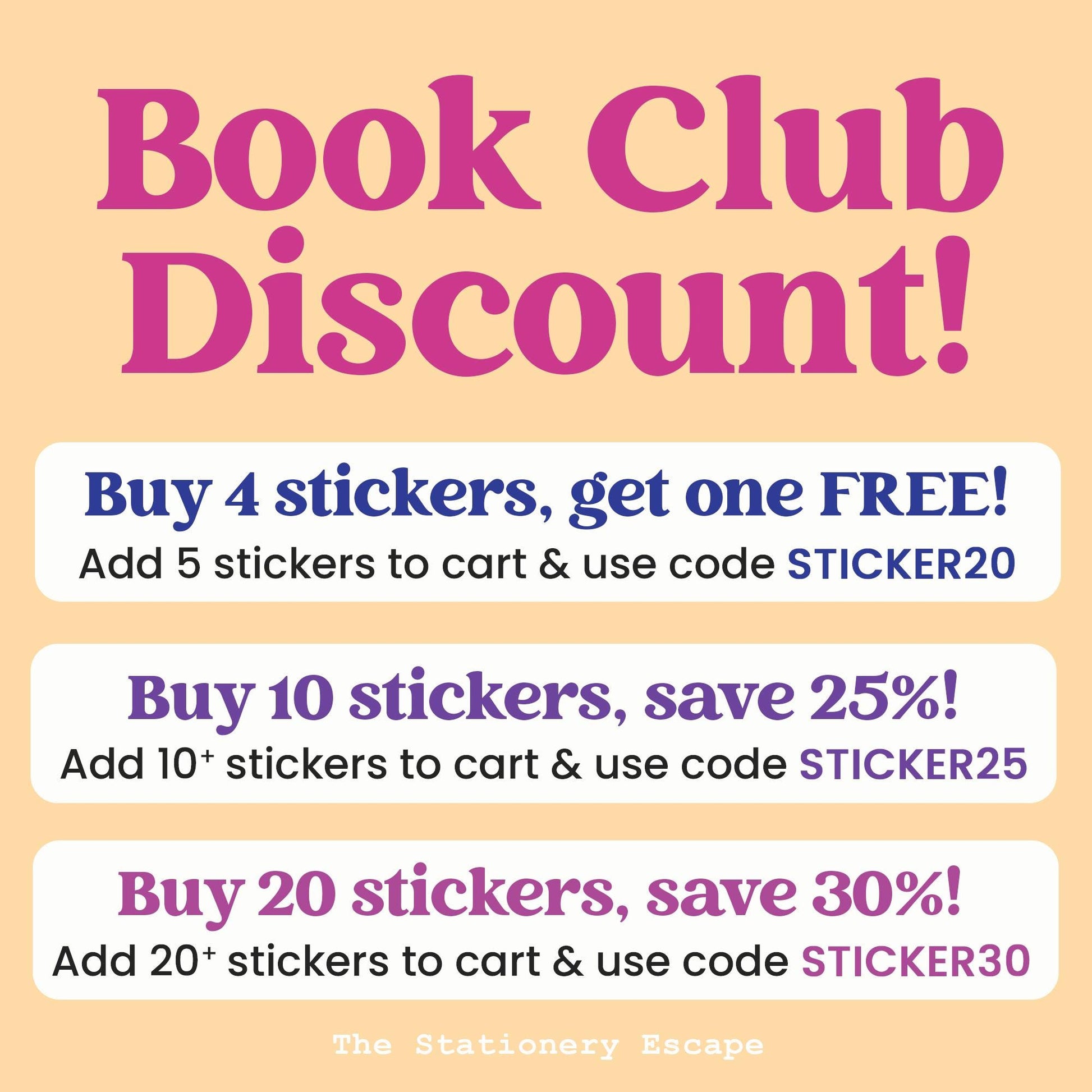 Promotional graphic for a book club discount on stickers with text and codes.
