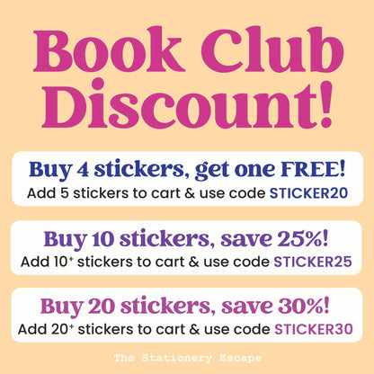 Promotional graphic for a book club discount on stickers with text and codes.