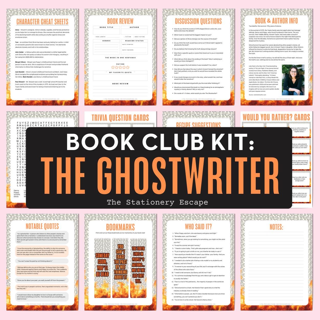 Collection of book club kit components for 'The Ghostwriter' with a pink background.