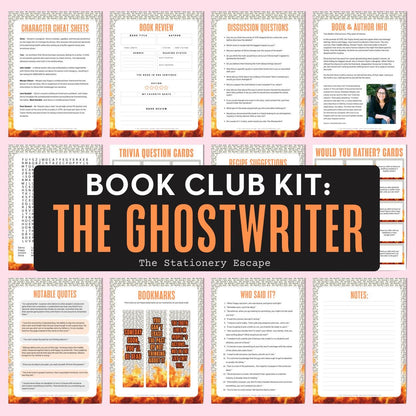 Collection of book club kit components for 'The Ghostwriter' with a pink background.