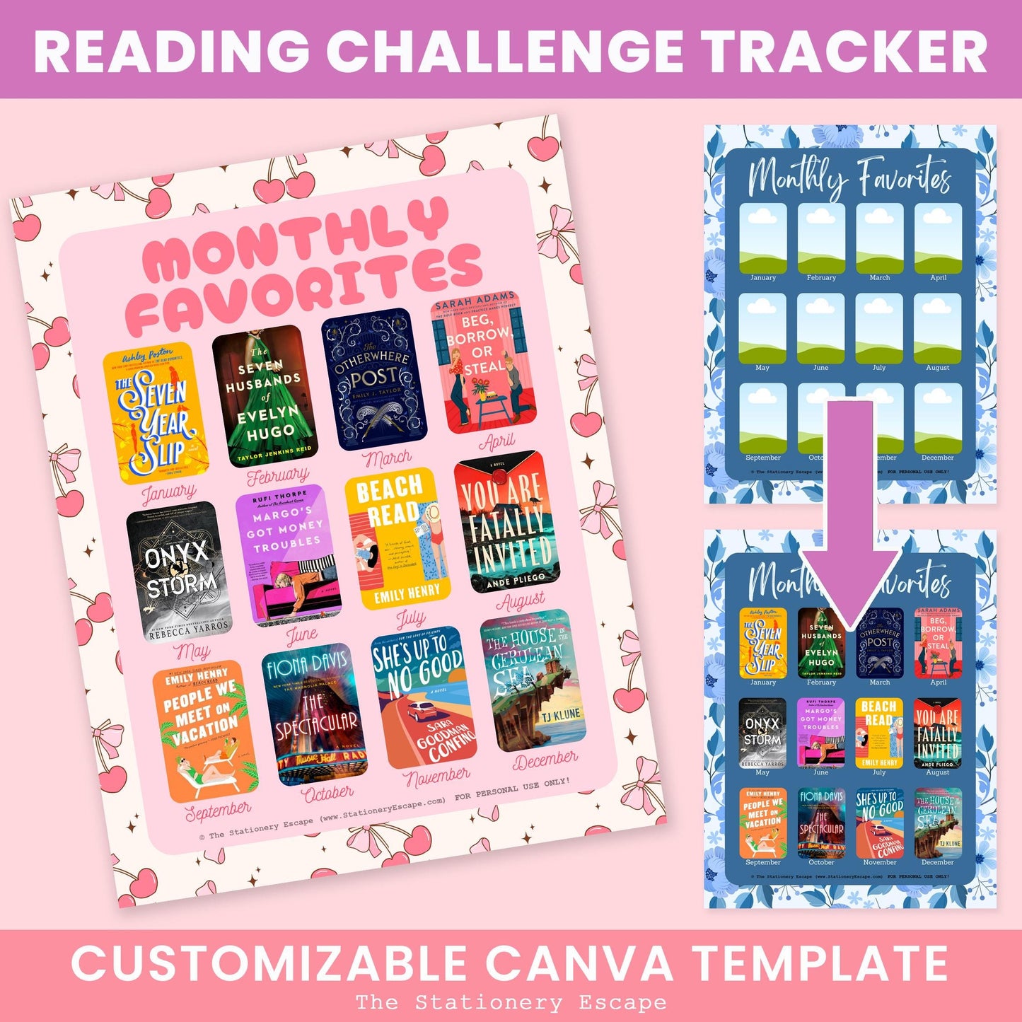 Reading challenge tracker with book covers on a pink background, featuring customizable Canva template text.