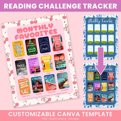 Reading challenge tracker with book covers on a pink background, featuring customizable Canva template text.