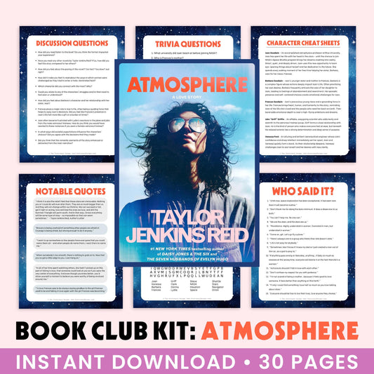Book Club Kit for 'Atmosphere' by Taylor Jenkins Reid with various question and quote sheets.