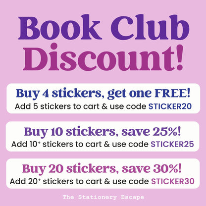 Promotional text for a book club discount on stickers with various purchase options and codes.