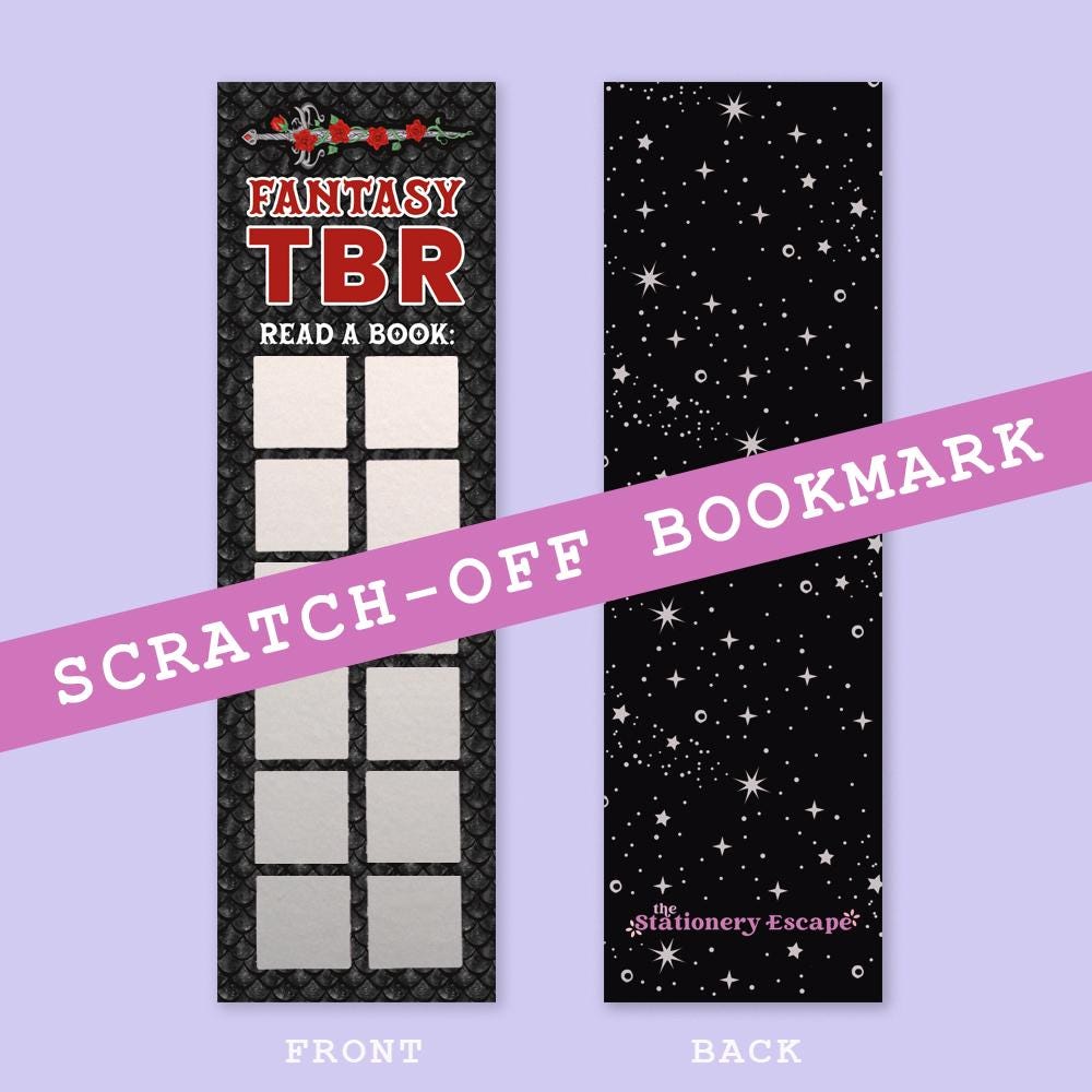 Scratch-off bookmark with 'Fantasy TBR' design on a purple background