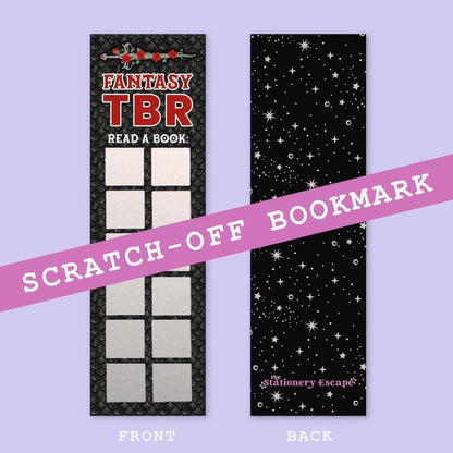 Scratch-off bookmark with 'Fantasy TBR' design on a purple background