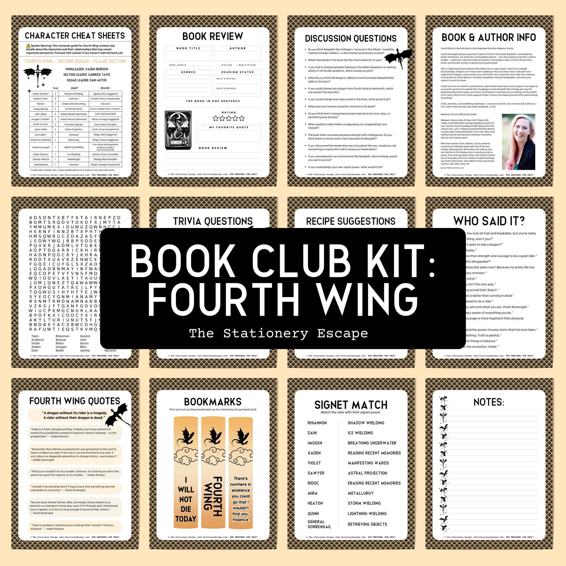 Collection of book club kit components with various activities and questions on a beige background.