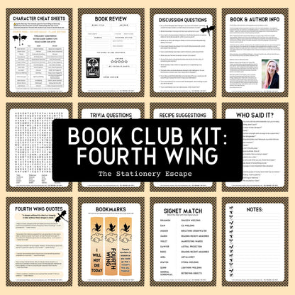 Collection of book club kit components with various activities and questions on a beige background.