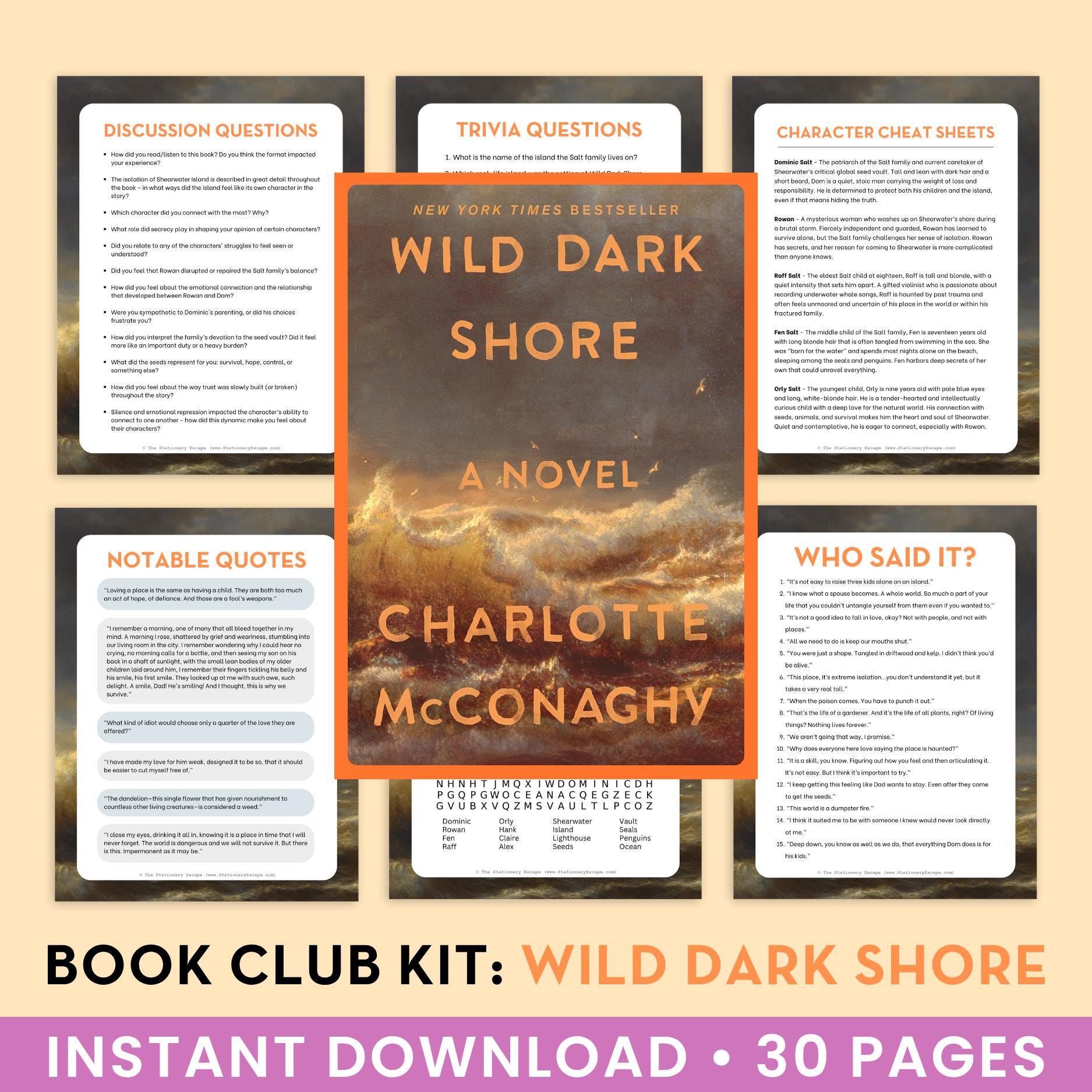 Book Club Kit for 'Wild Dark Shore' by Charlotte McConaghy with various question sheets on a beige background.