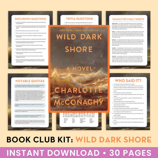 Book Club Kit for 'Wild Dark Shore' by Charlotte McConaghy with various question sheets on a beige background.