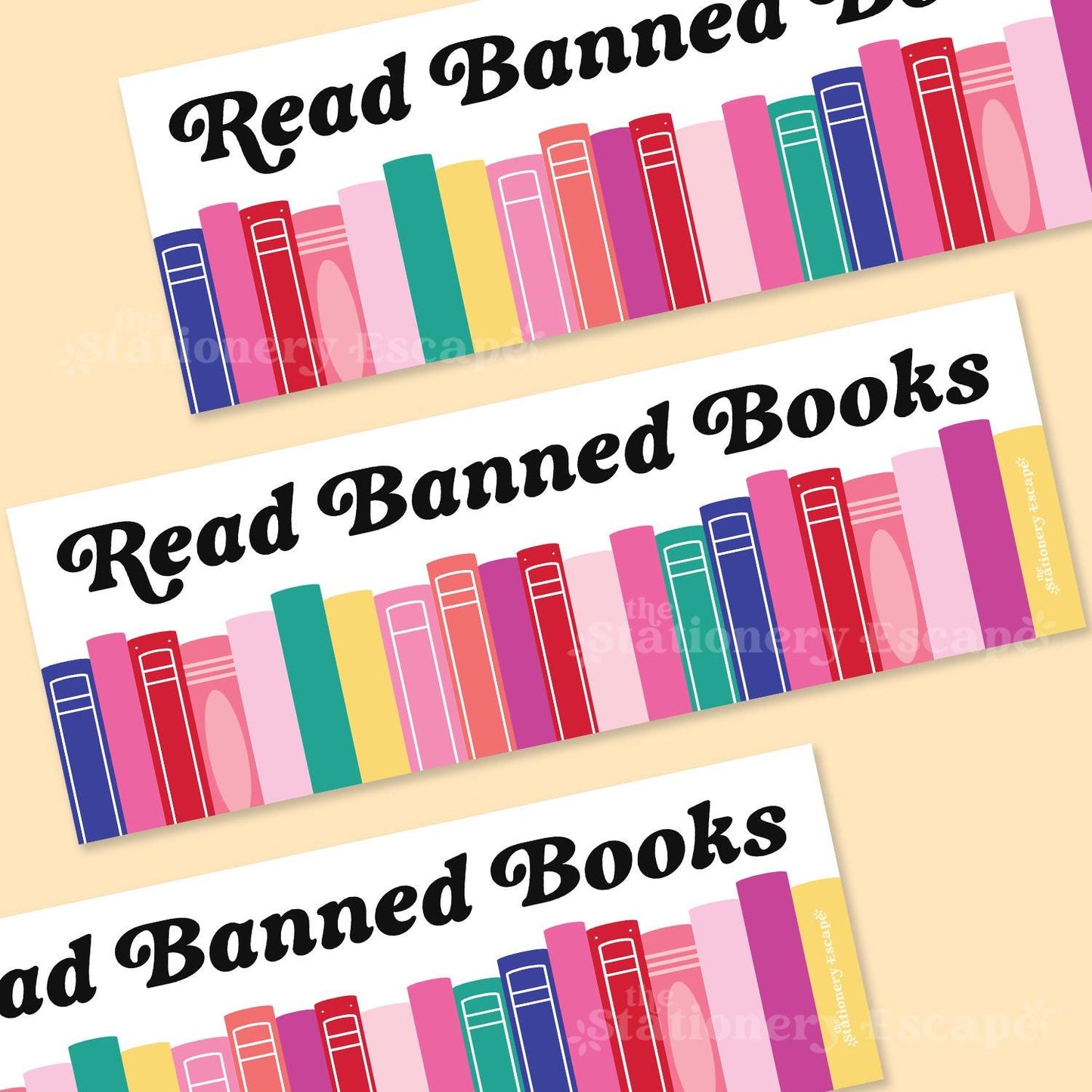 Colorful bookshelf bumper sticker design with 'Read Banned Books' text on a beige background