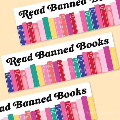 Colorful bookshelf bumper sticker design with 'Read Banned Books' text on a beige background