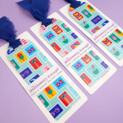 Colorful stationery items with 'Stationery Escape' branding on a purple background