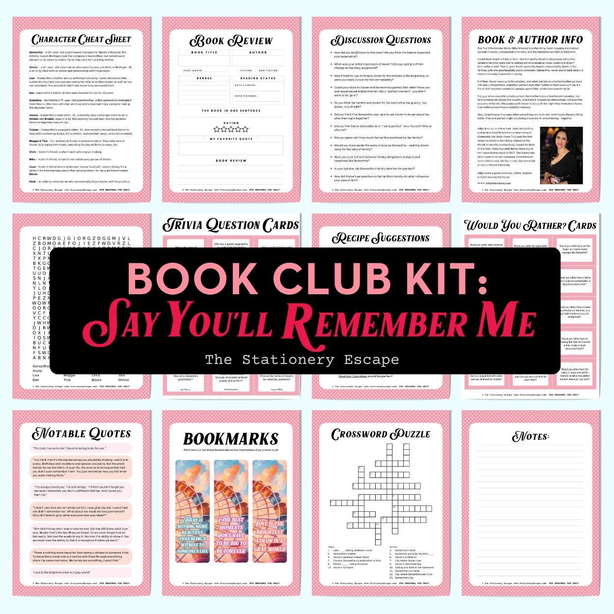 Collection of book club kit components with various activities on pink cards.
