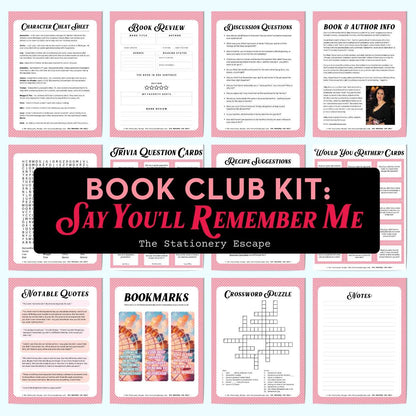 Collection of book club kit components with various activities on pink cards.