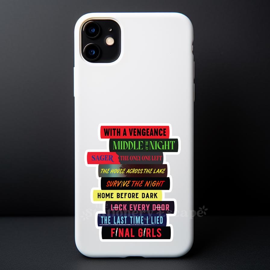 White phone case with Riley Sager book stack sticker on a dark background