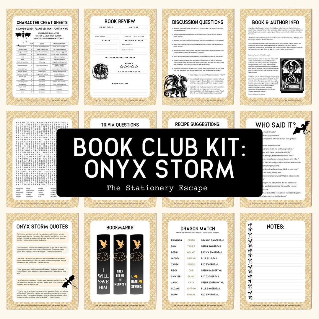 Collection of book club kit pages with various activities and information on a textured beige background.