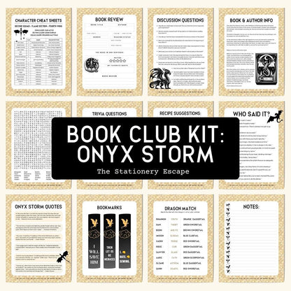 Collection of book club kit pages with various activities and information on a textured beige background.