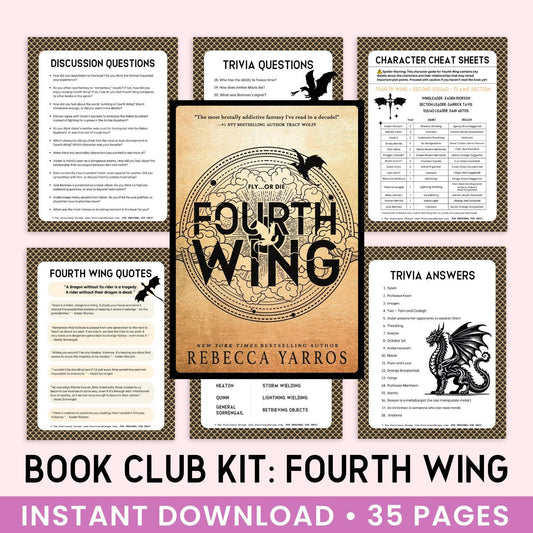 Book Club Kit for 'Fourth Wing' by Rebecca Yarros with various pages displayed on a pink background.