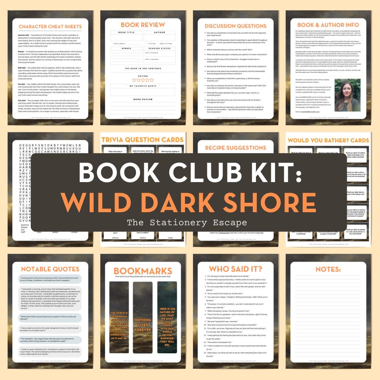 Collection of book club kit cards for 'Wild Dark Shore' on a gold background