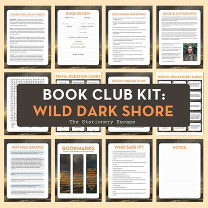 Collection of book club kit cards for 'Wild Dark Shore' on a gold background