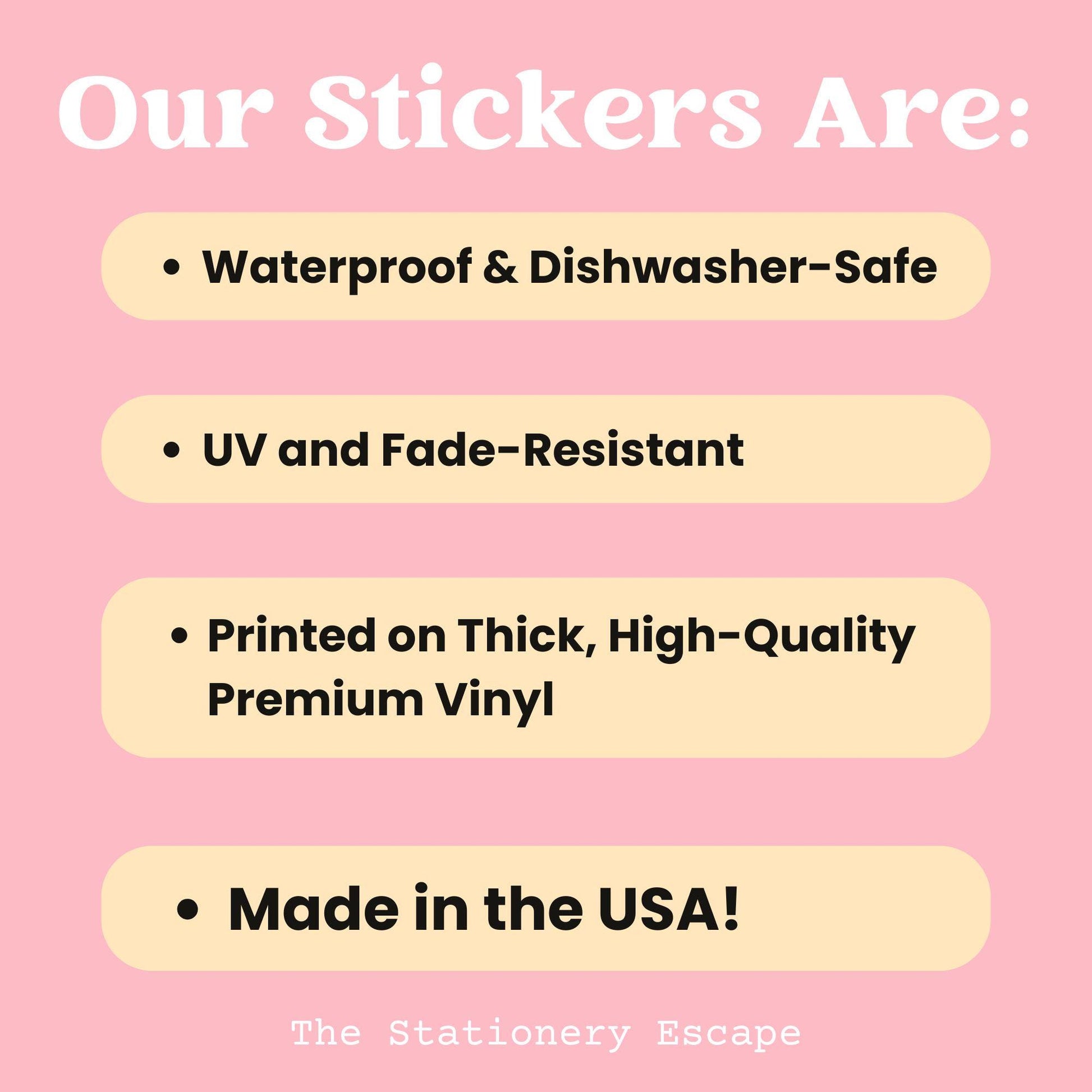 List of sticker features on a pink background with 'The Stationery Escape' branding.
