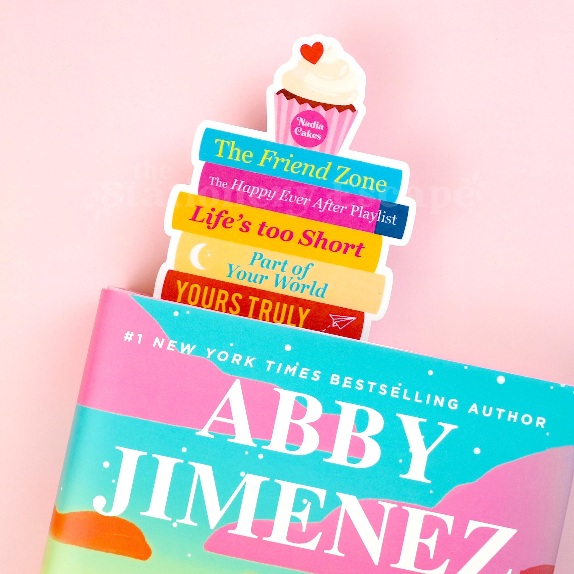 Die-Cut Abby Jimenez book stack bookmark in closed book by same author