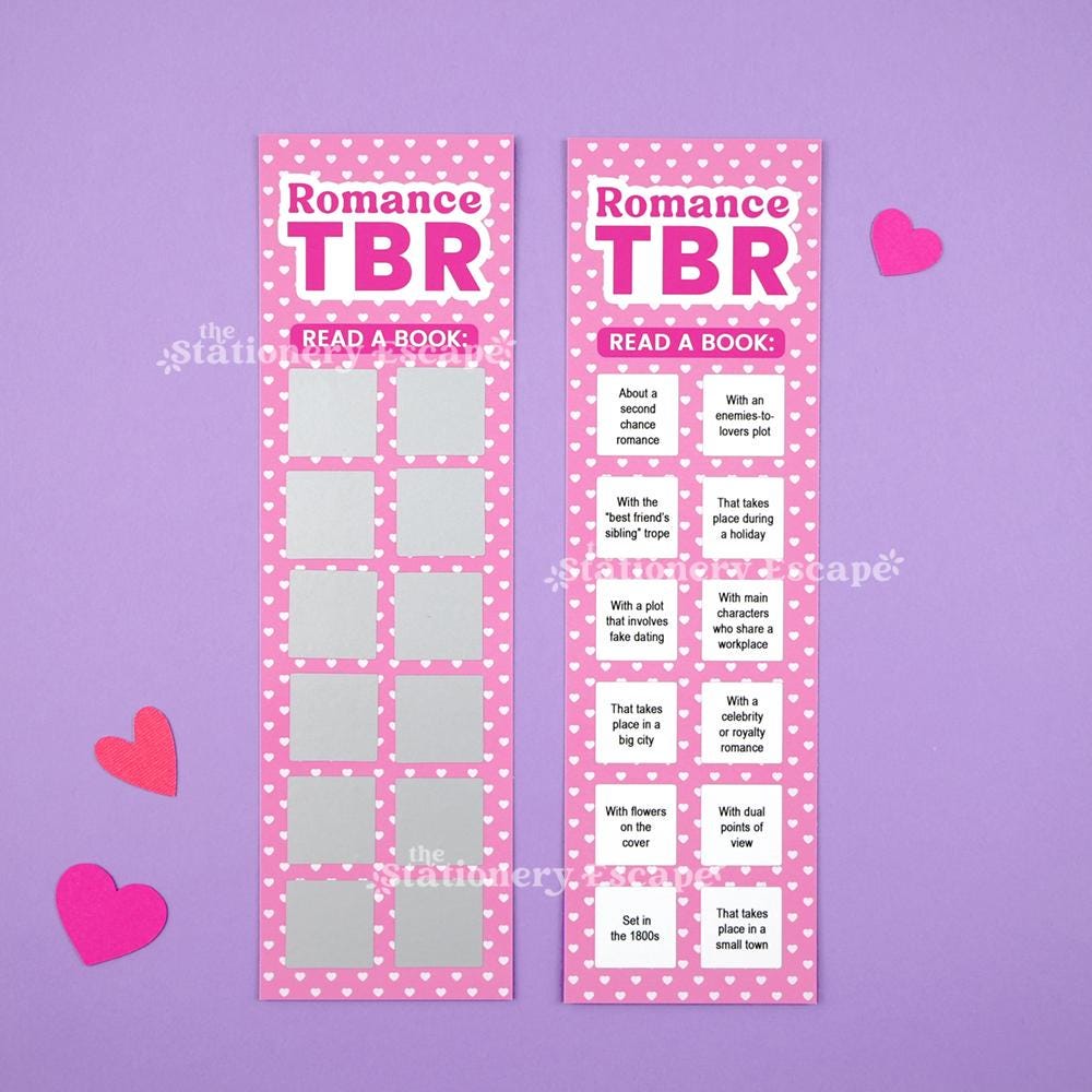 Two Romance TBR bookmarks on a purple background with pink hearts.