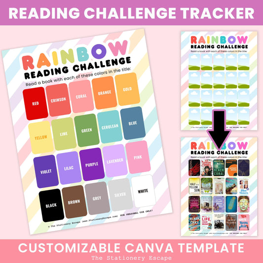 Rainbow Reading Challenge tracker with color swatches and book images on a pink background