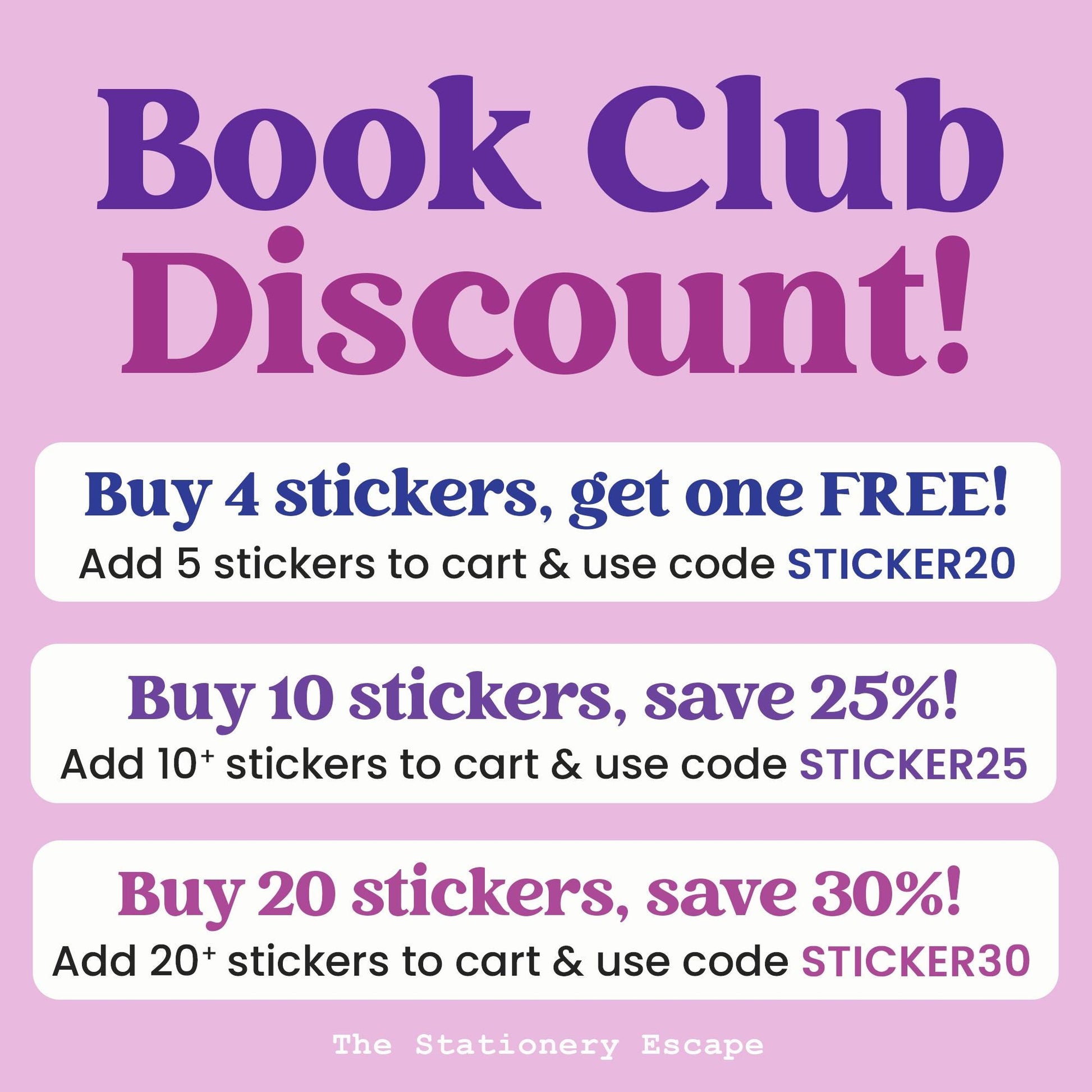 Promotional text for a book club discount on stickers with various purchase options and codes.