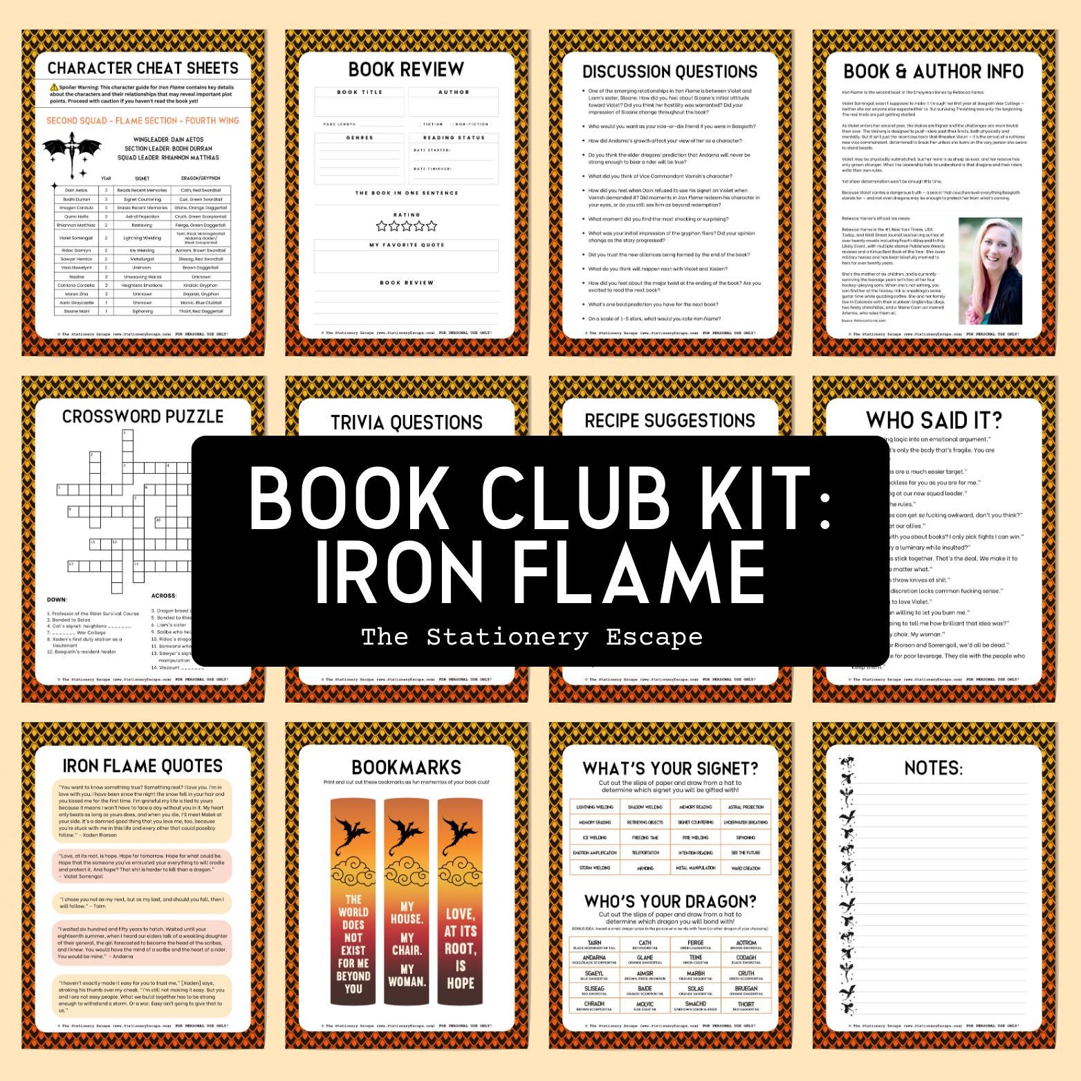 Collection of book club kit pages for 'Iron Flame' by The Stationery Escape on a beige background.