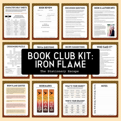 Collection of book club kit pages for 'Iron Flame' by The Stationery Escape on a beige background.