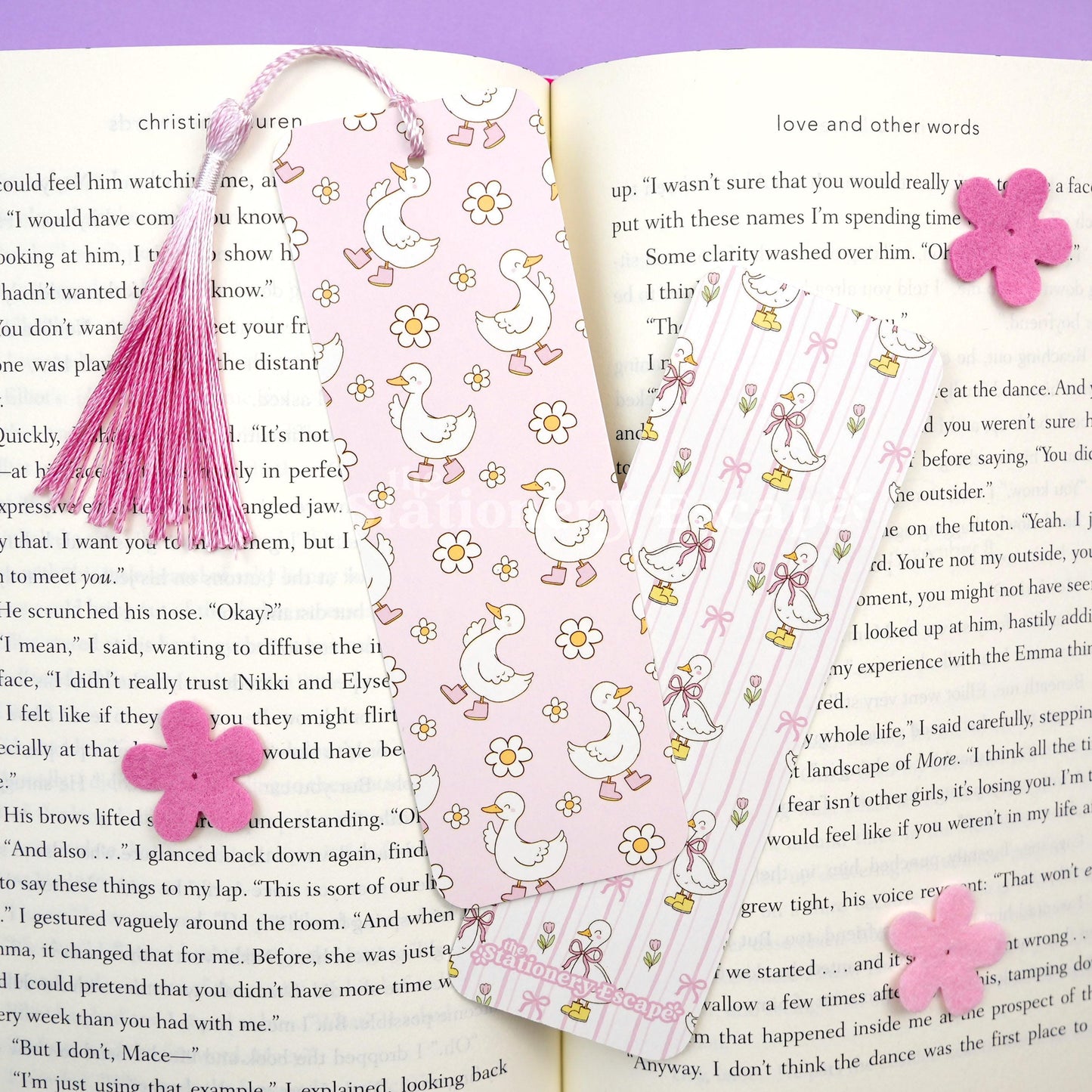 Pink book with goose and flower pattern on a book