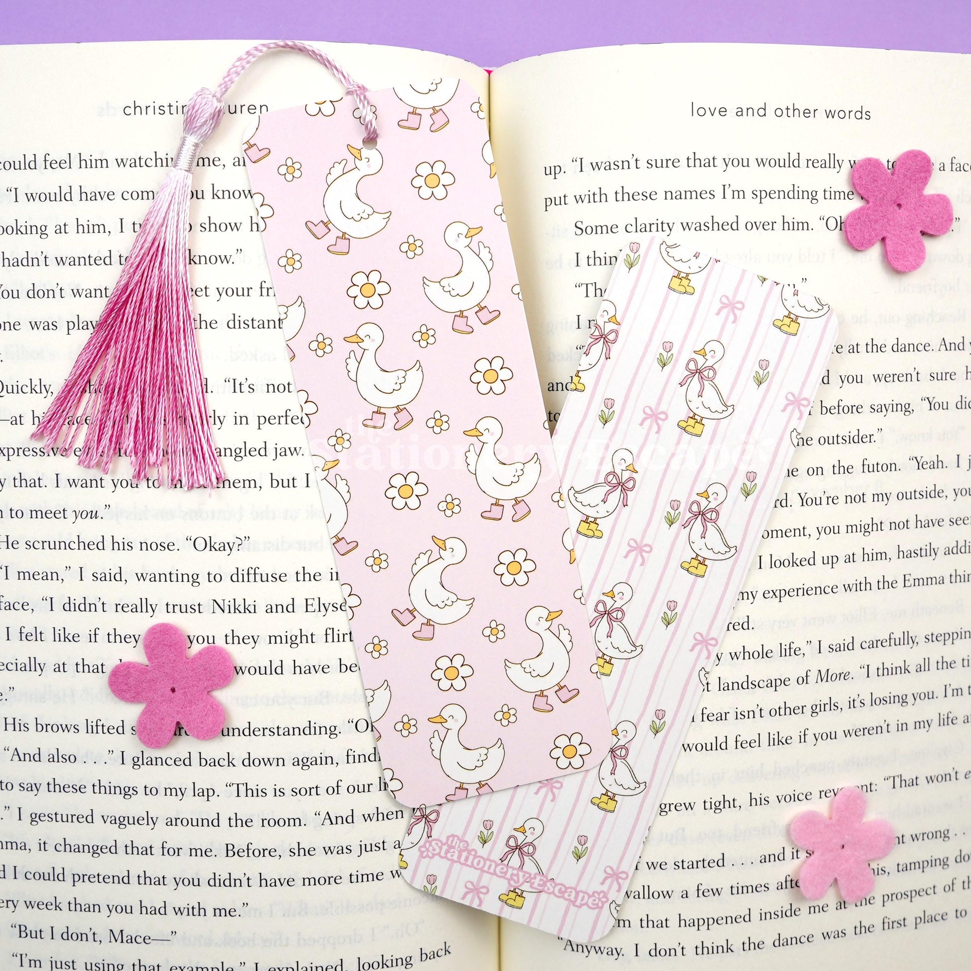 Pink book with goose and flower pattern on a book