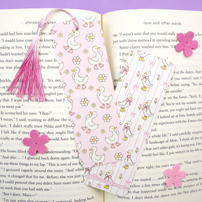 Pink book with goose and flower pattern on a book