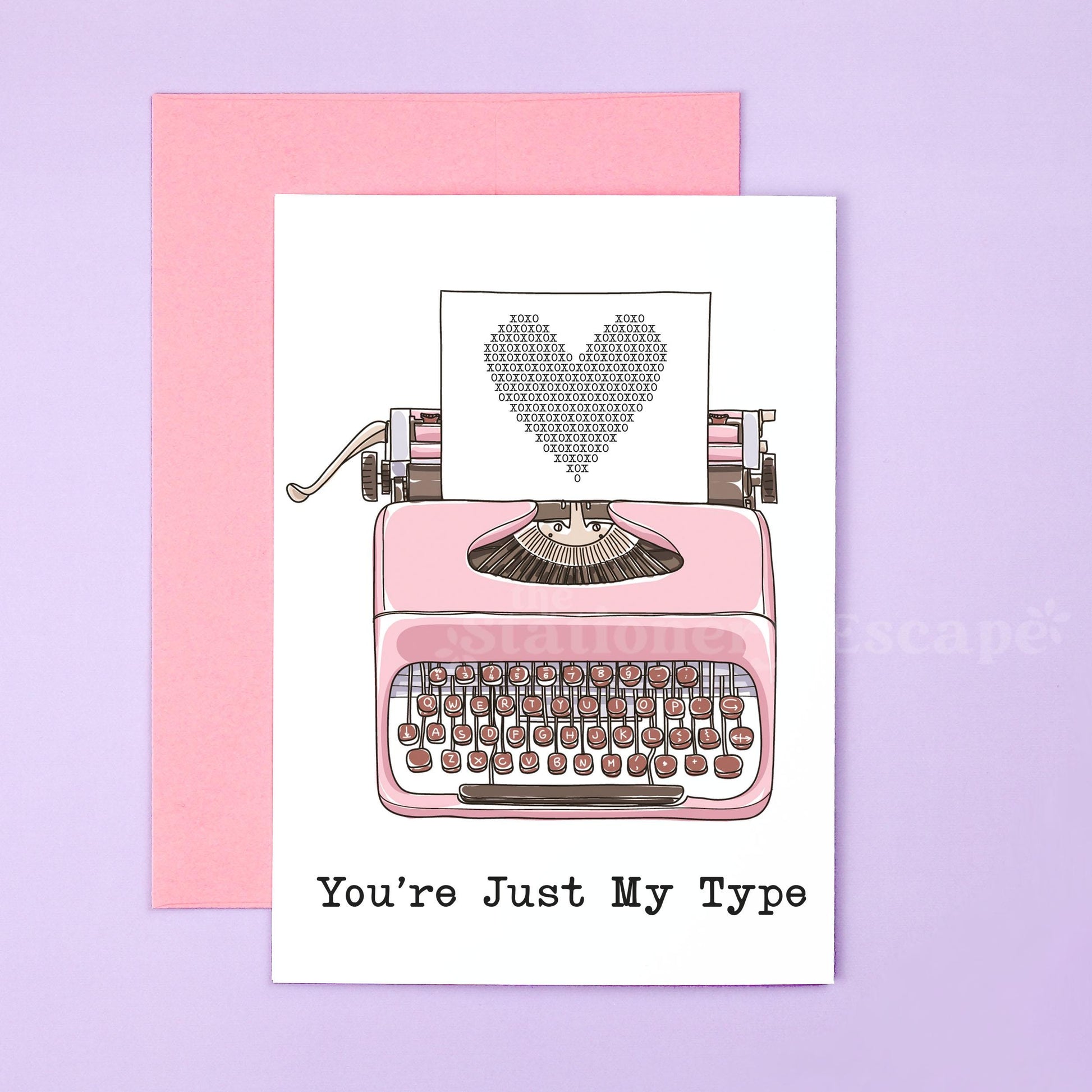 Greeting card with pink typewriter illustration and heart-shaped XOXO text on a purple background