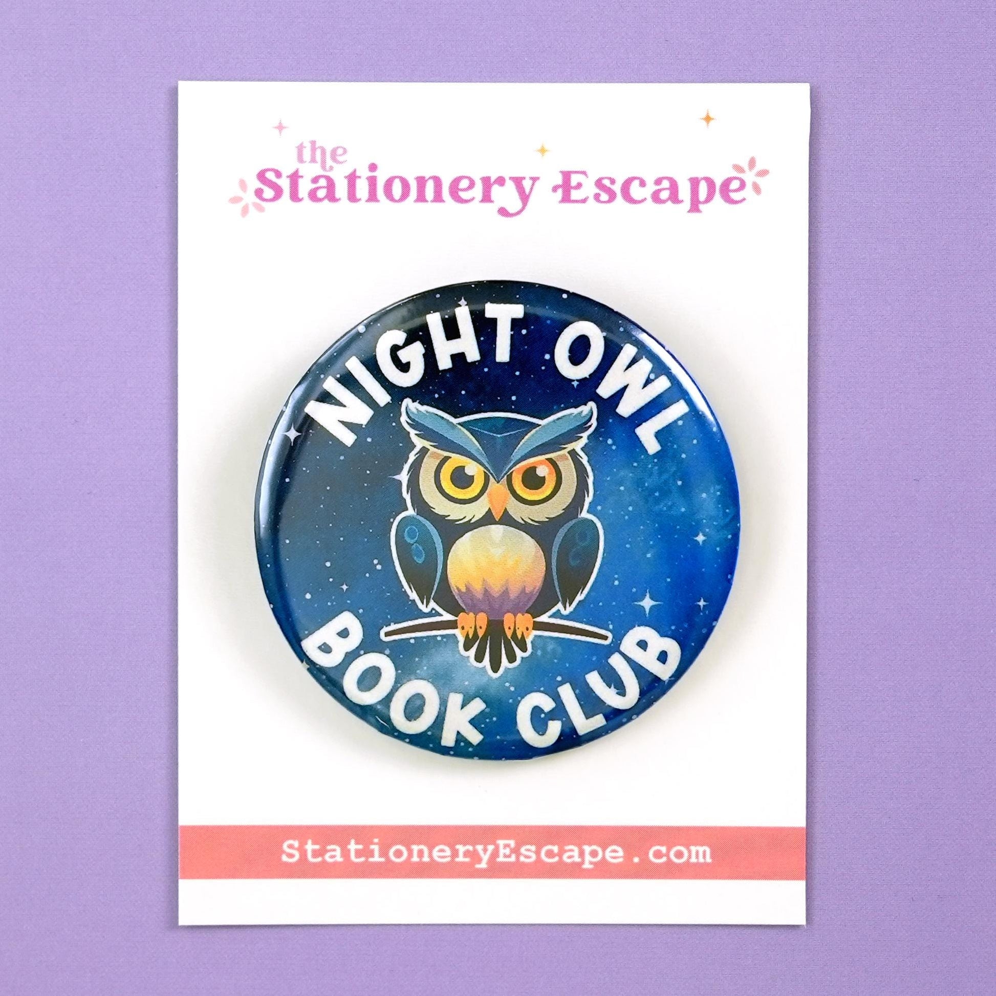 Button badge with owl design and 'Night Owl Book Club' text on a purple background