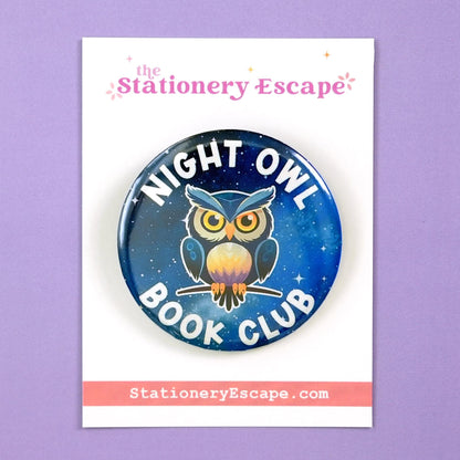 Button badge with owl design and 'Night Owl Book Club' text on a purple background