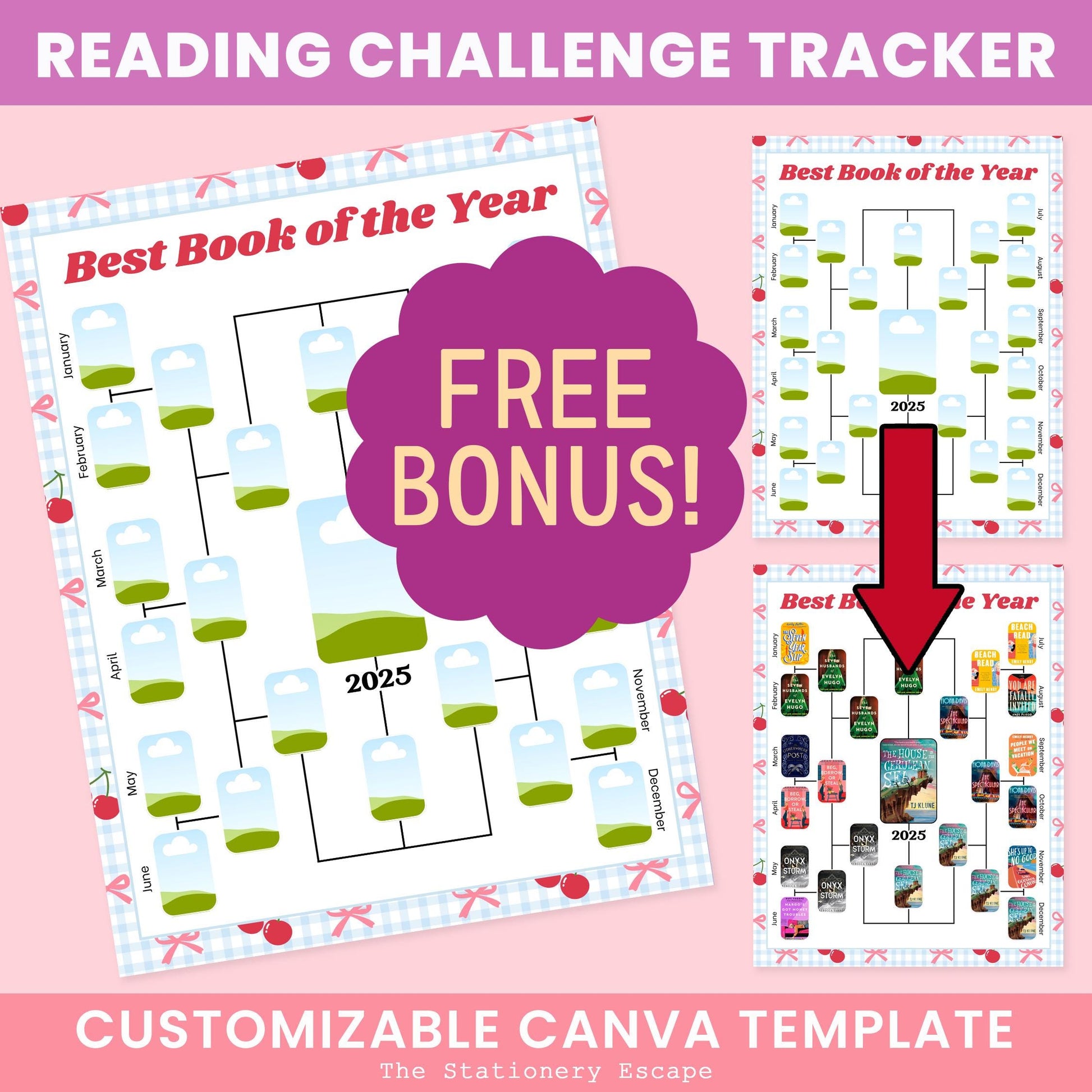 Reading challenge tracker with 'Best Book of the Year' design on a pink background, featuring a free bonus offer.