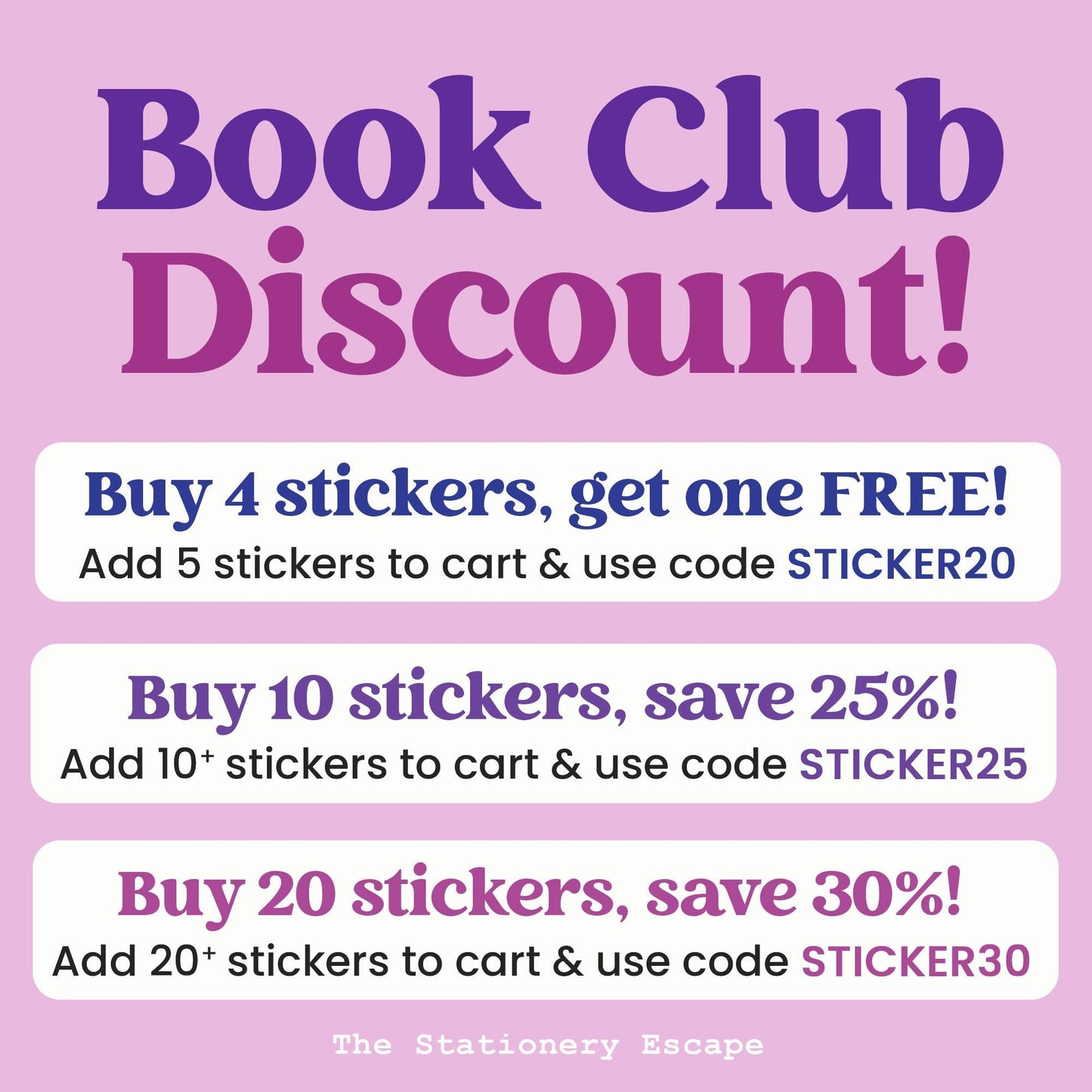 Promotional text for a book club discount on stickers with various purchase options and codes.