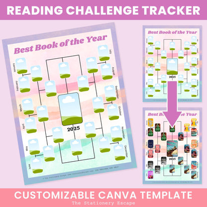 Reading challenge tracker with customizable Canva template on a pink background