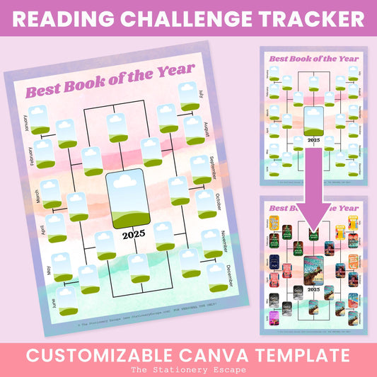 Reading challenge tracker with customizable Canva template on a pink background