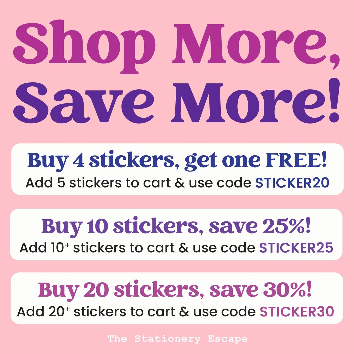 Promotional text for buying stickers with discounts on a pink background