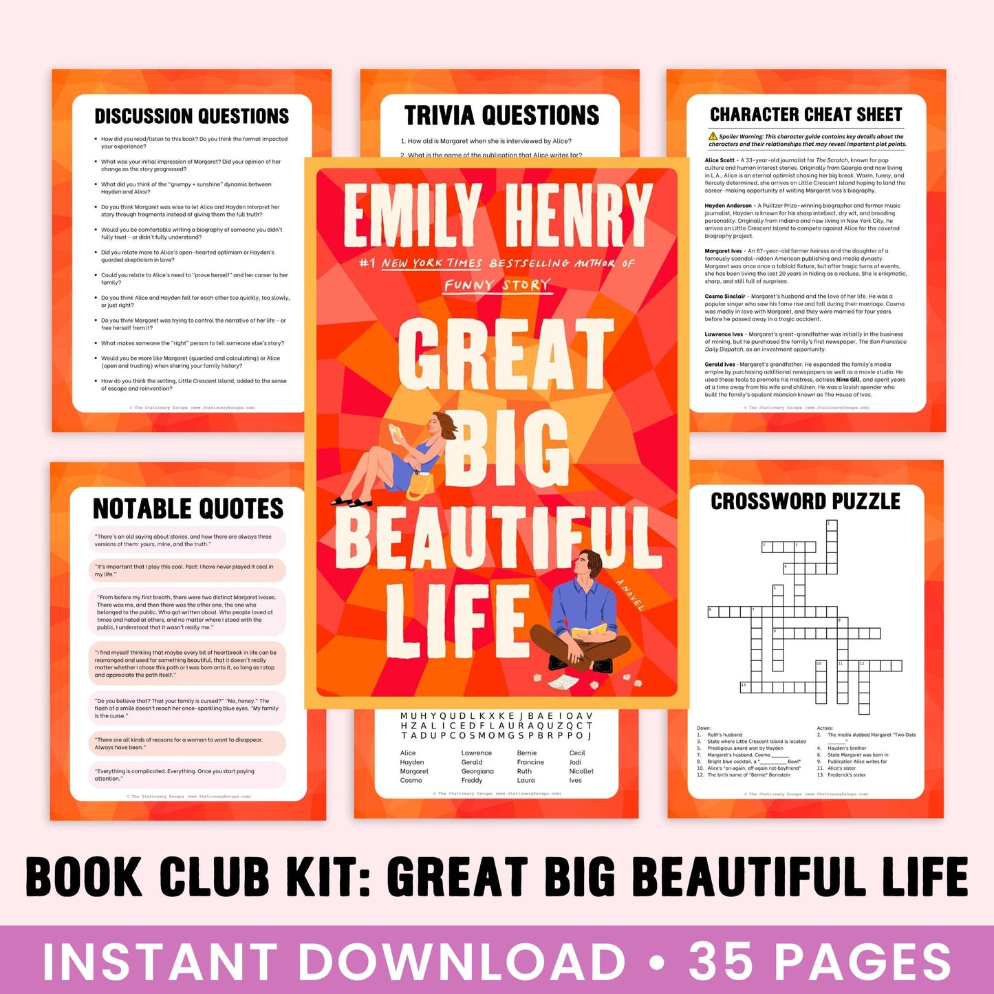 Book Club Kit for 'Great Big Beautiful Life' by Emily Henry with various activities on a white background.